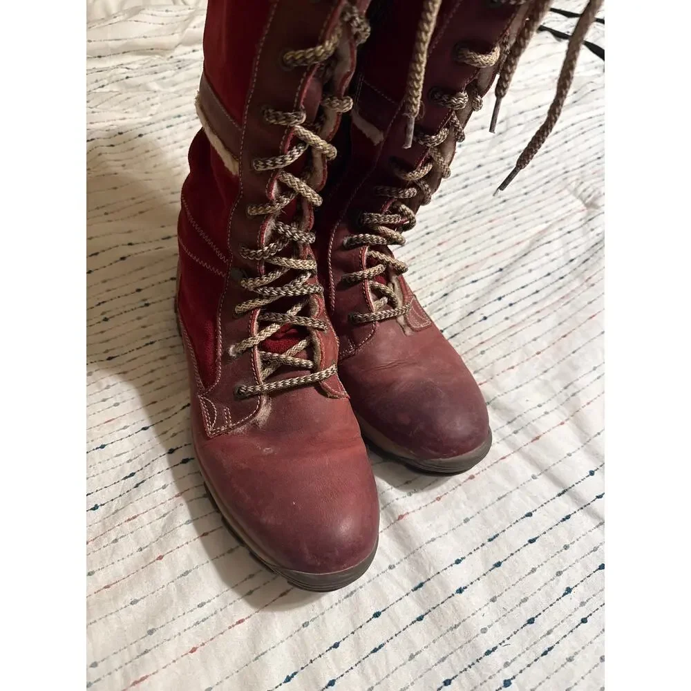 Bos & Co Glacier Red Leather Zippered Lace Up Sherpa Boots Size 40 US Women’s 9